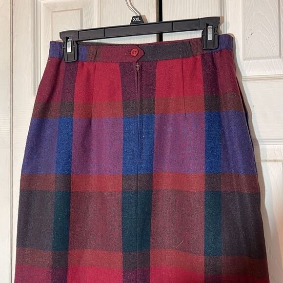 Vintage Deadstock Barclay Square Part Wool Red Blue Plaid Long A Line Skirt - Picture 7 of 14